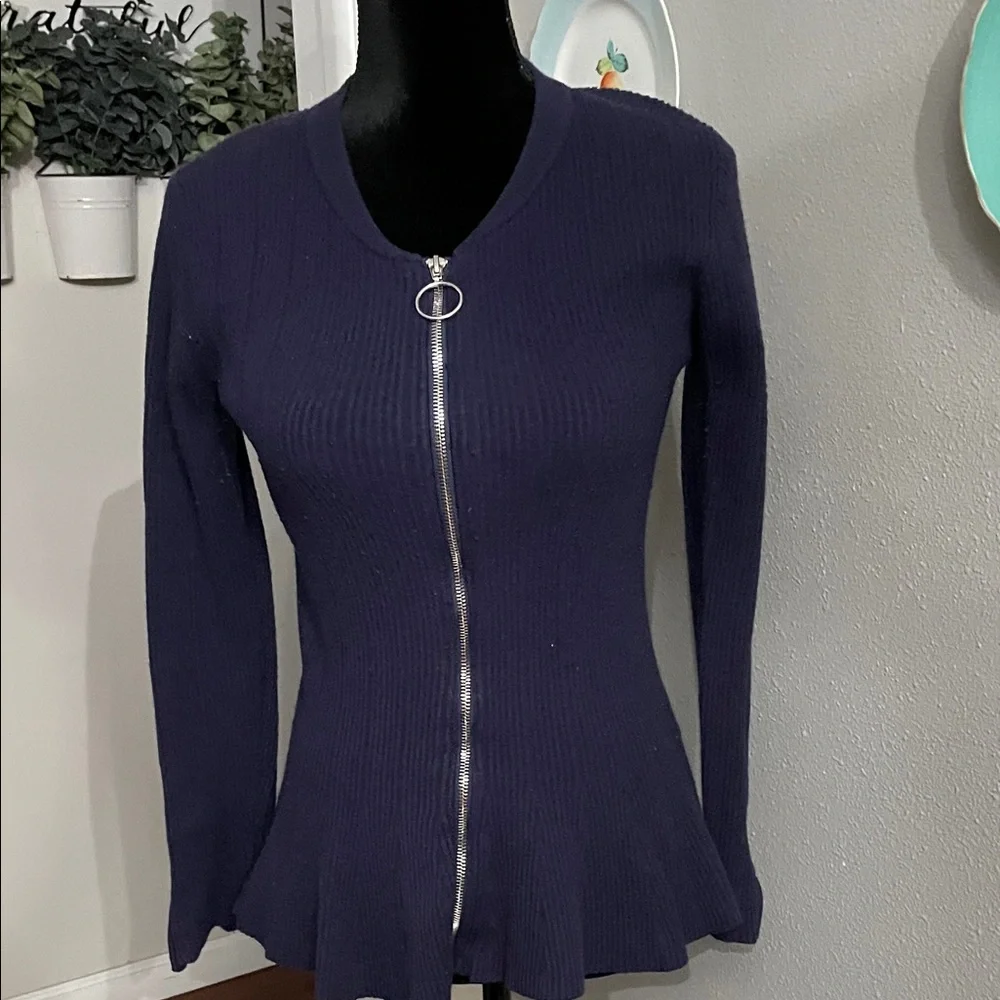 Venus Full Zip Ribbed Cardigan Sweater HiLo Navy Blue Long Slvs